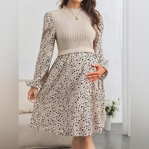 SHEIN Maternity Beige and Black Floral Long Sleeve Dress